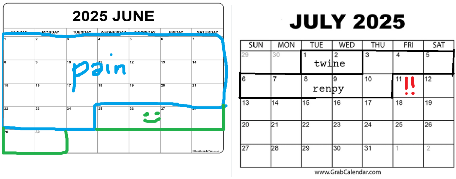 Calendars showing the approximate duration of events